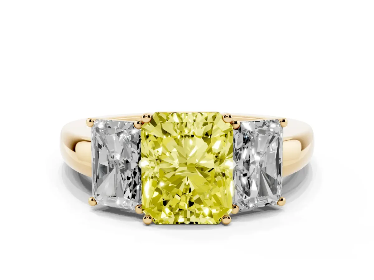 Fancy Yellow Radiant Cut Diamond Three-Stone Ring with Four-Prong Setting and Classic Band Yellow gold