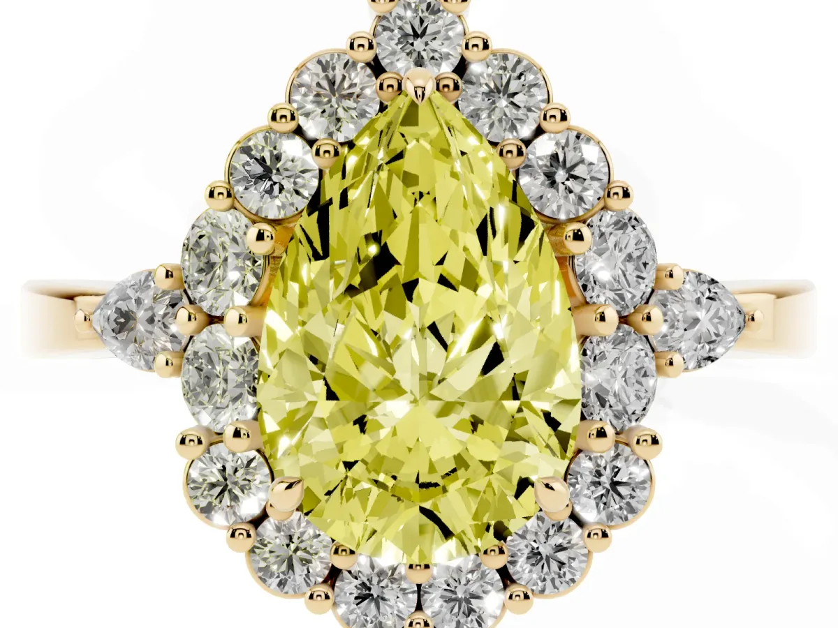 Fancy Yellow Pear Cut Diamond Halo Ring with Pear Side Stones and Prong Setting Yellow gold