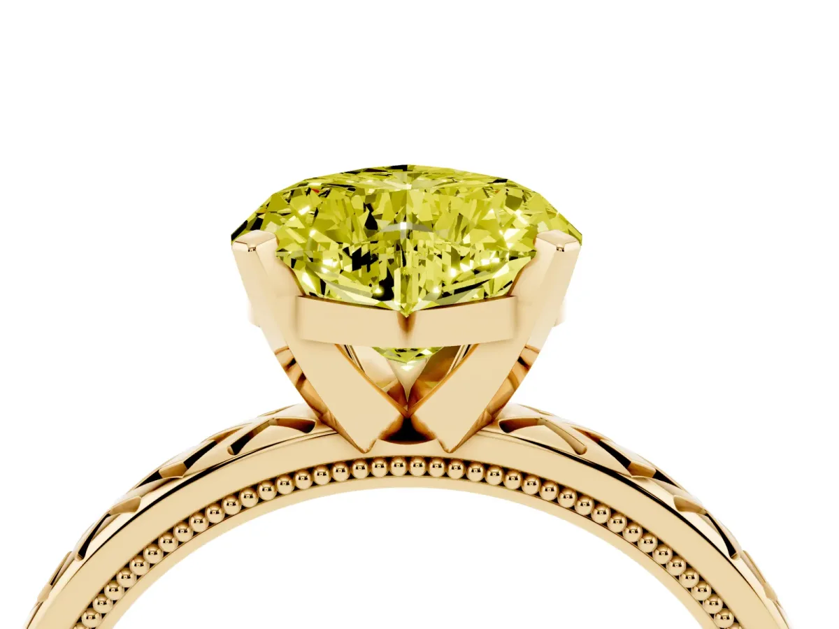 Fancy Yellow Heart Cut Solitaire Diamond Ring with Milgrain and Black Enamel X Pattern Band Yellow gold