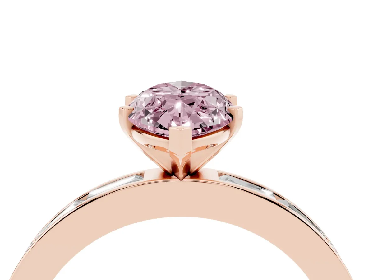 Fancy Pink Marquise Cut Solitaire Diamond Ring with Channel-Set Baguette Band and Four-Prong Setting Rose gold