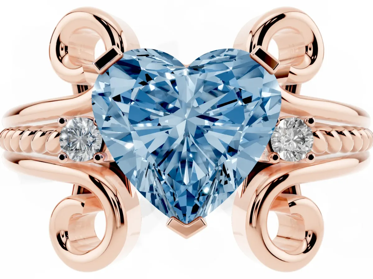 Fancy Blue Heart Cut Solitaire Twisted Band Scroll Prong Ring Rose gold