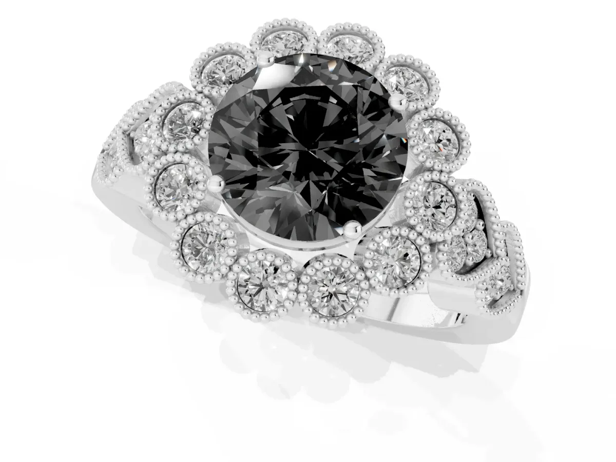 Fancy Black Round Cut Brilliant Milgrain Pave Heart Band Solitaire Ring Silver