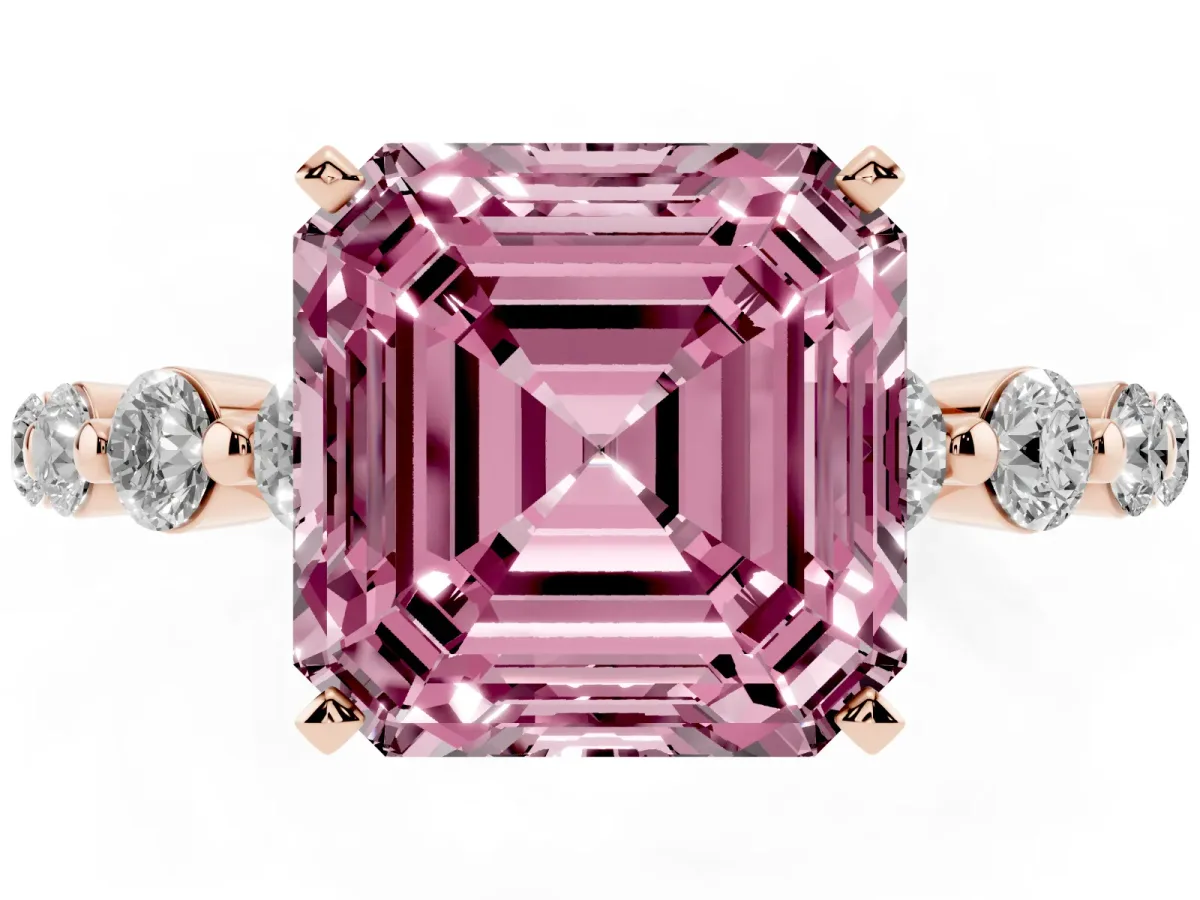 Fancy Pink Asscher Cut Solitaire Diamond Ring with Pave Band and Four-Prong Setting Rose gold