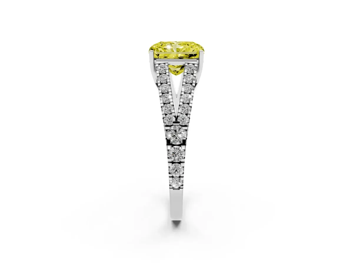 Fancy Yellow Radiant Cut Diamond Split Shank Engagement Ring with Round Pavé and Prong Setting Silver