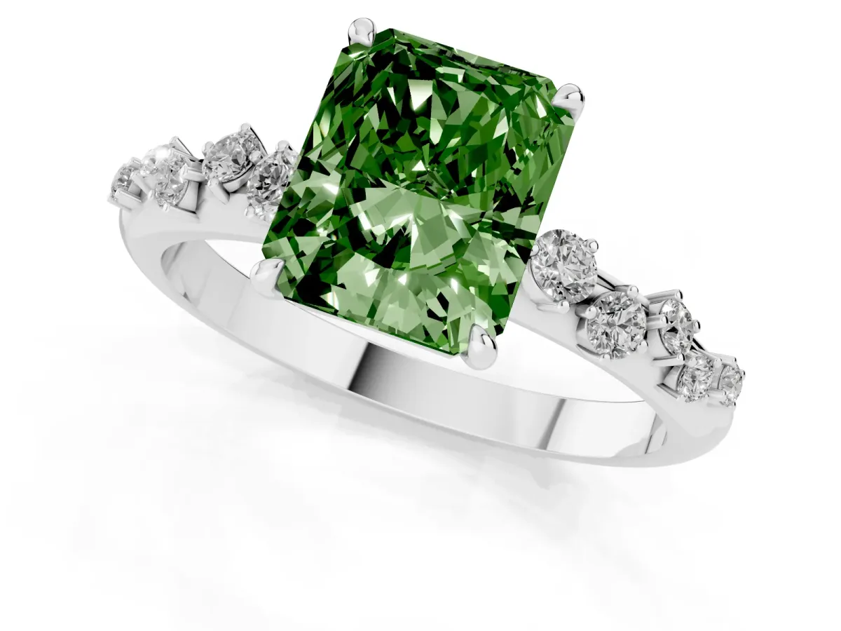 Fancy Green Radiant Cut Diamond Cluster Prong-Set Solitaire Ring Platinum