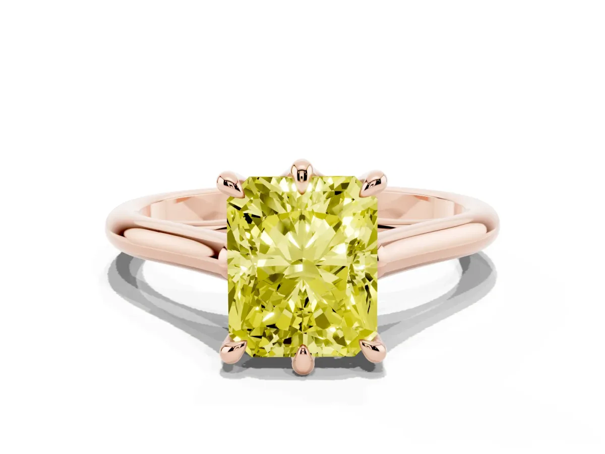 Fancy Yellow Radiant Cut Solitaire Engagement Ring with Six-Prong Setting and Classic Band Rose gold