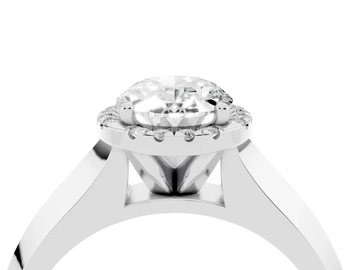 Oval Cut Halo Diamond Ring with Cathedral Band and Four-Prong Setting Silver