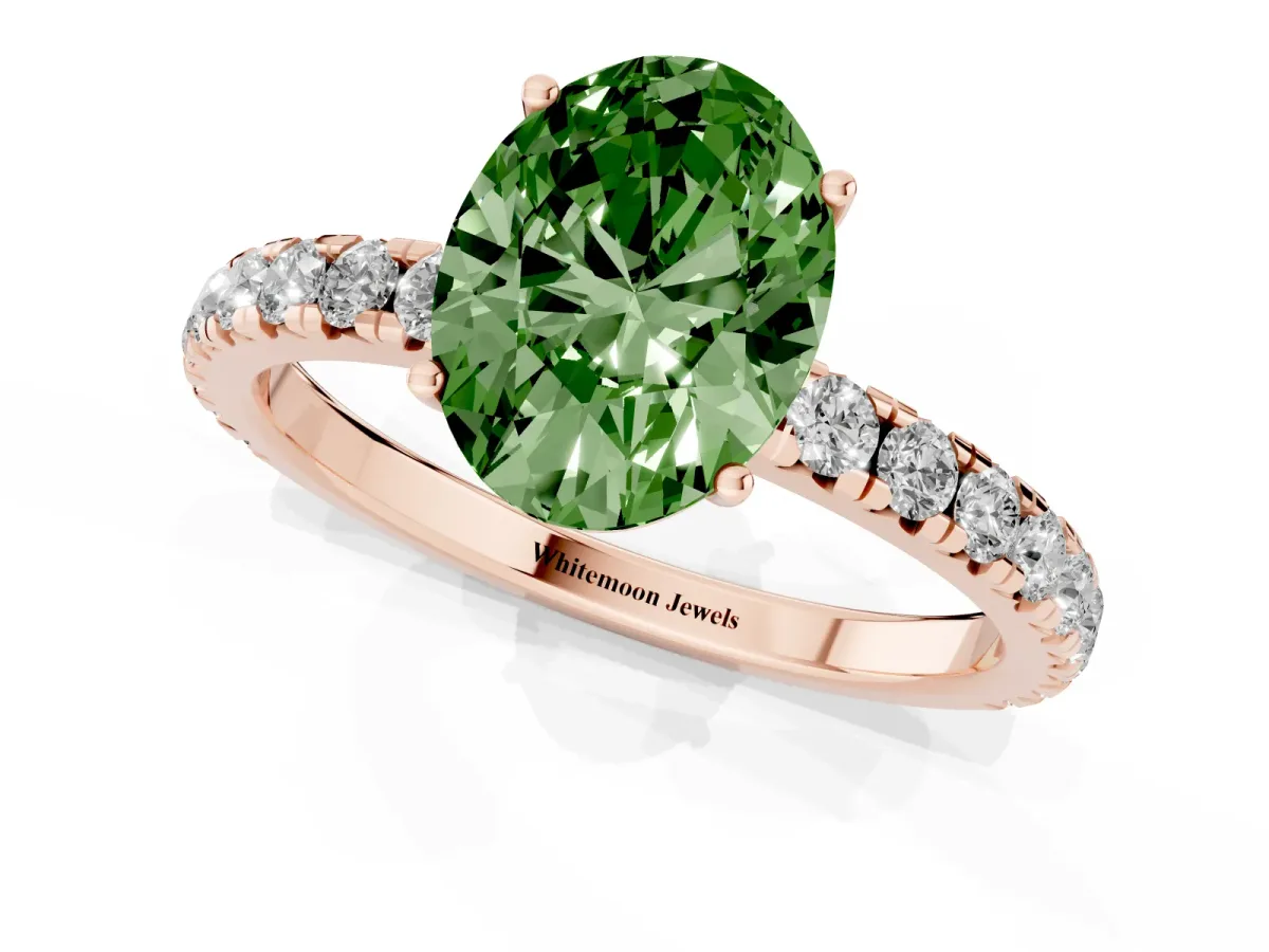 Fancy Green Oval Cut Diamond Pavé Solitaire Engagement Ring with Four-Prong Setting Rose gold