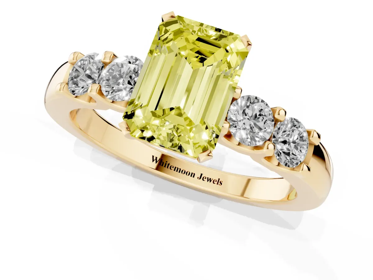 Fancy Yellow Emerald Cut Brilliant Cut Diamond Five-Stone Prong Set Engagement Ring with Channel Band Yellow gold