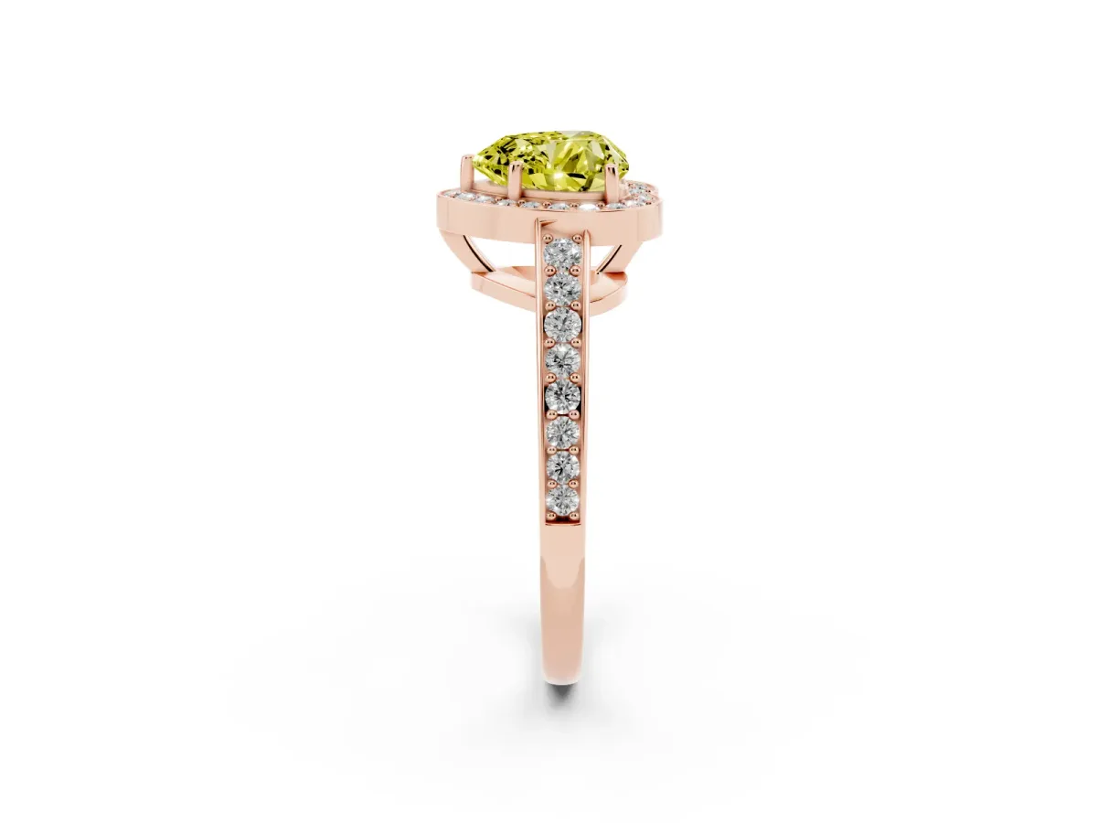 Fancy Yellow Heart Cut Halo Pavé Diamond Engagement Ring with Bezel Setting Rose gold