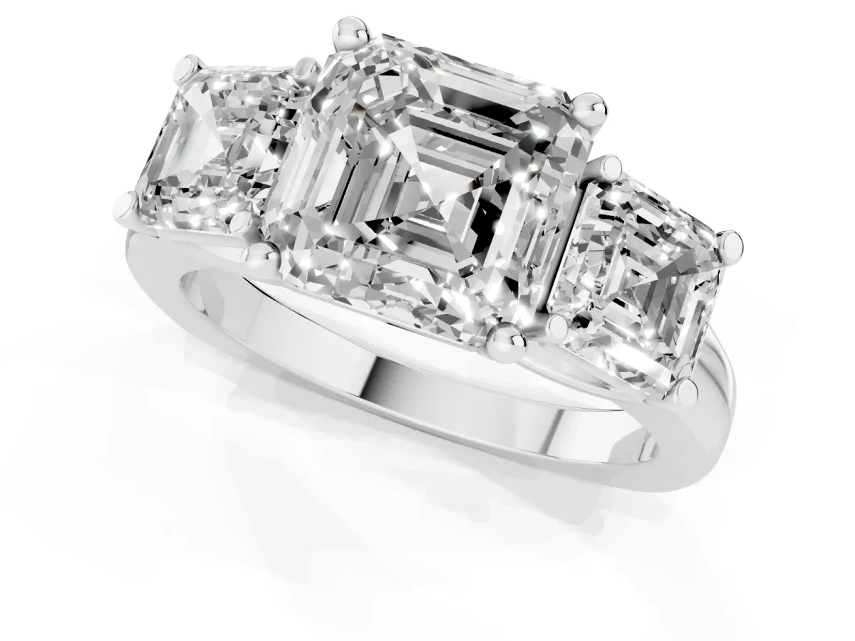Three-Stone Asscher Cut Brilliant Diamond Trellis Ring with Comfort Fit Band Silver
