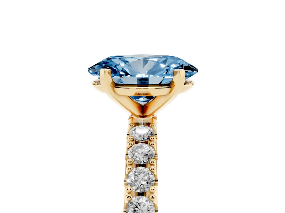 Fancy Blue Oval Cut Diamond Solitaire Pavé Band with Four-Prong Setting Yellow gold