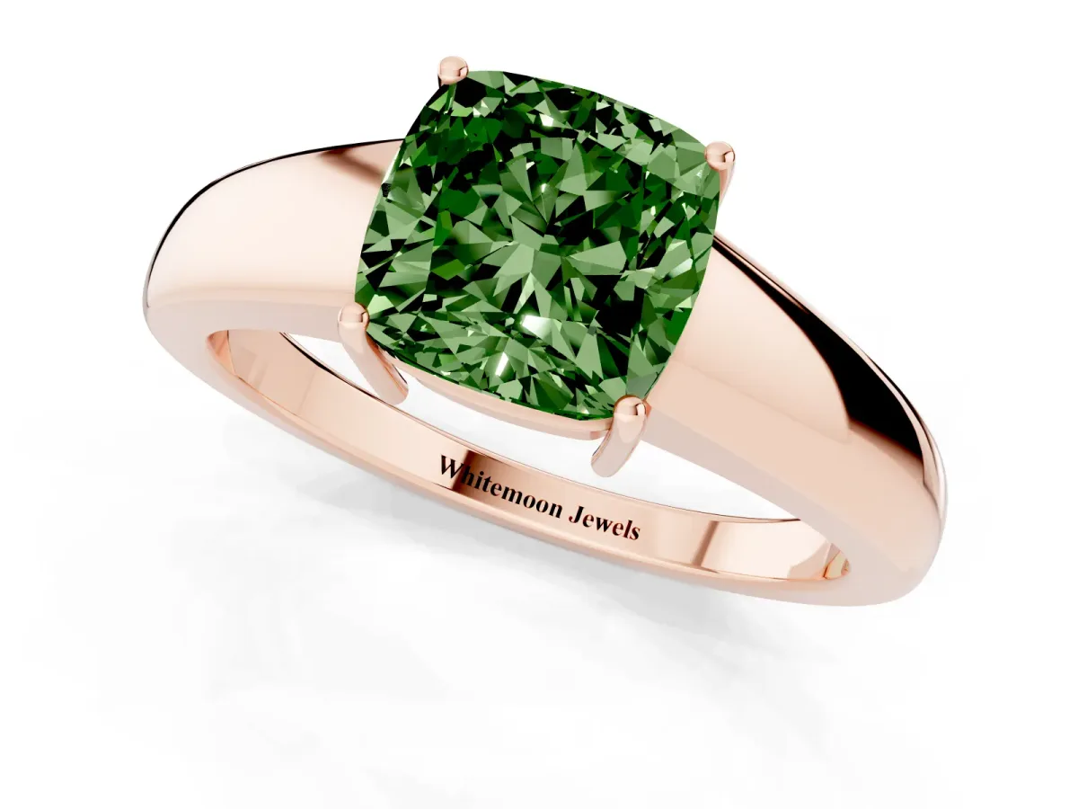 Fancy Green Cushion Cut Solitaire Diamond Ring with Tapered Band and Four-Prong Setting Rose gold