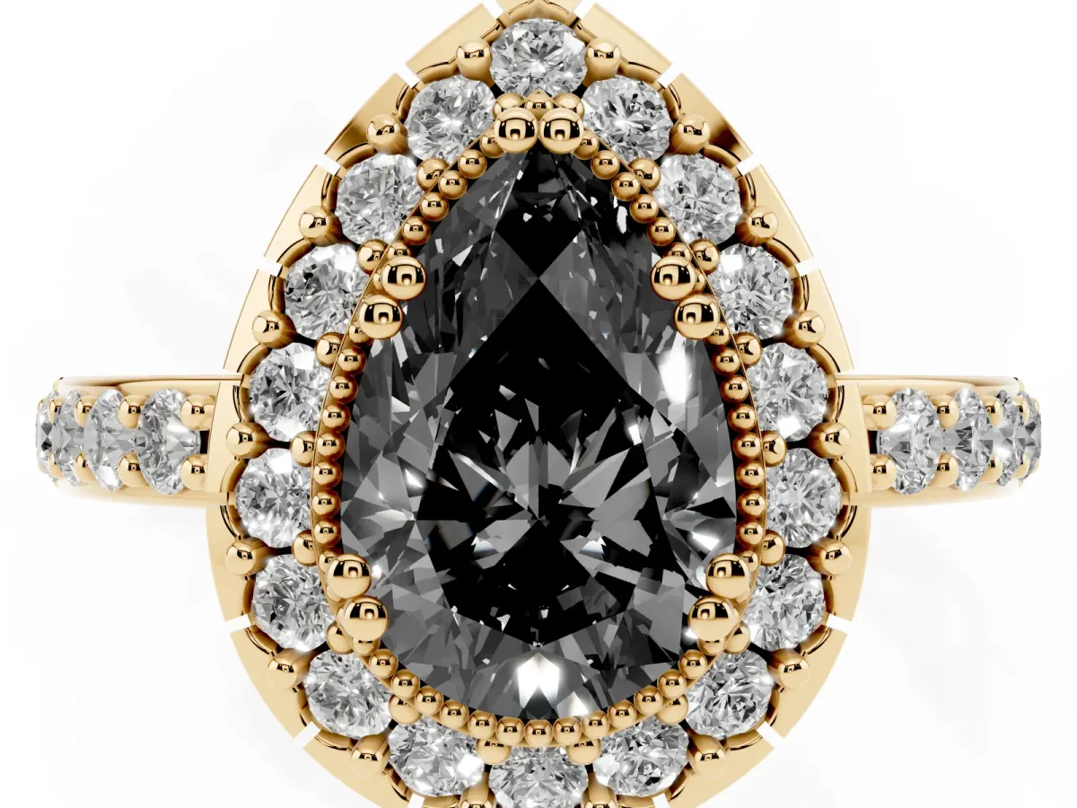Fancy Black Pear Cut Diamond Halo Ring with Pavé Band and Prong Setting Yellow gold