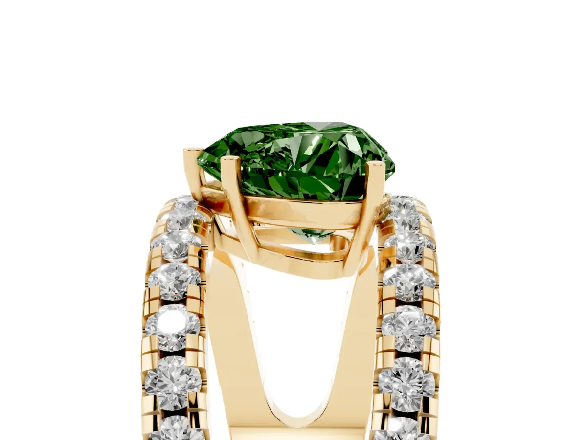 Fancy Green Heart Cut Solitaire Split Shank Pave Diamond Ring Yellow gold