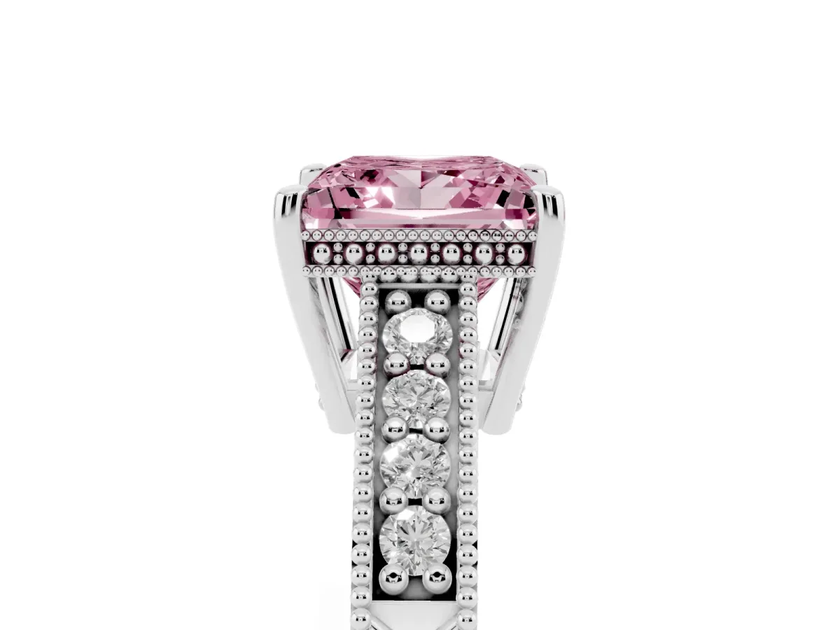 Fancy Pink Princess Cut Solitaire Pavé Diamond Milgrain Engagement Ring with Four-Prong Setting Silver