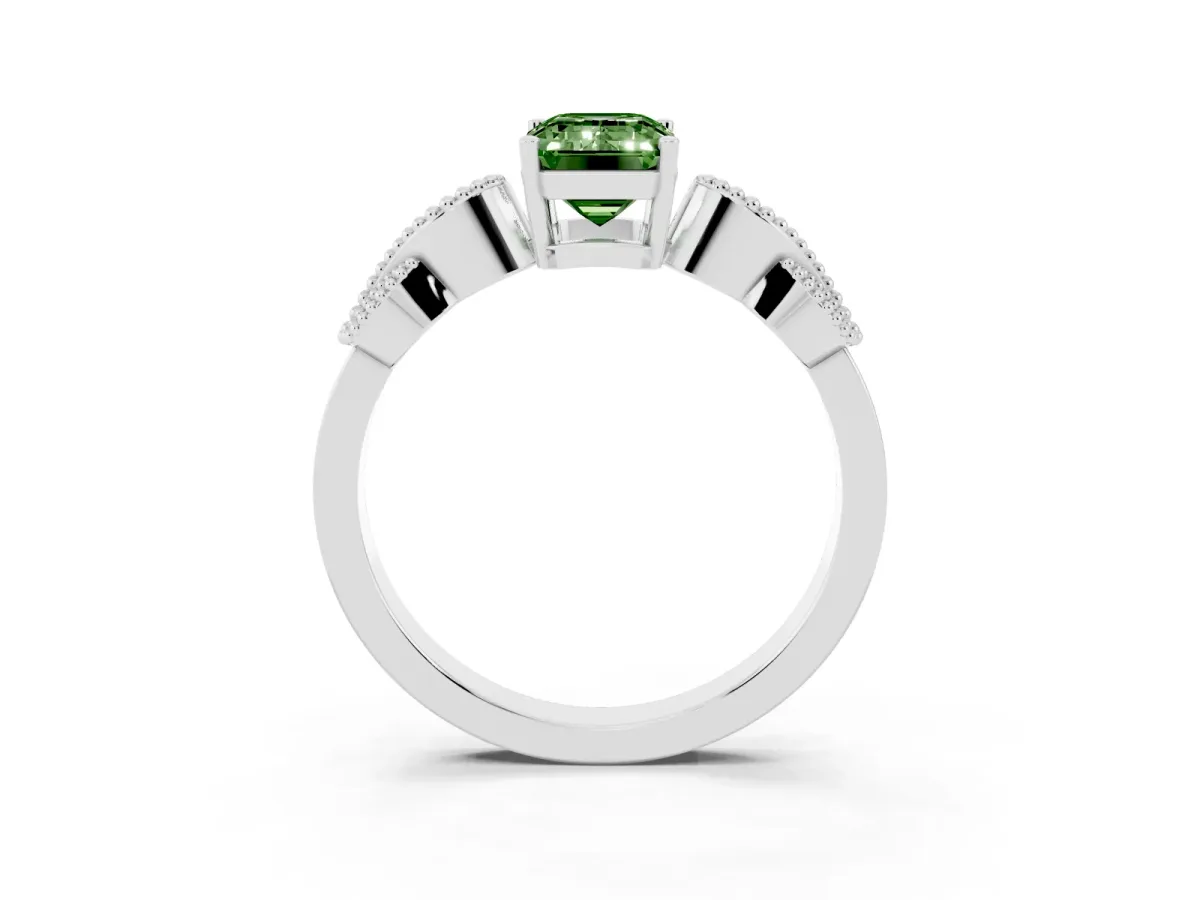 Fancy Green Emerald Cut Solitaire Milgrain Leaf Band with Prong Setting Silver
