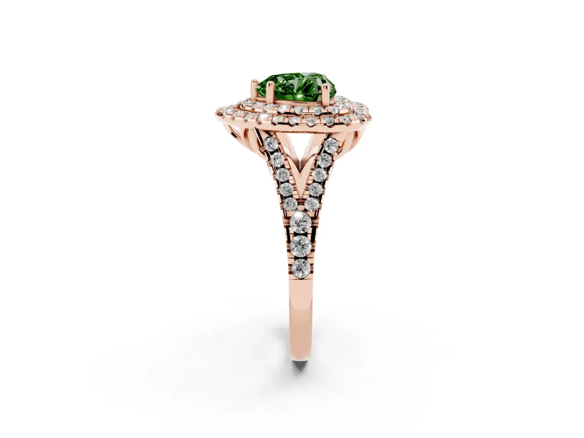 Fancy Green Double Halo Heart Cut Diamond Pavé Split Shank Ring with Prong Setting Rose gold