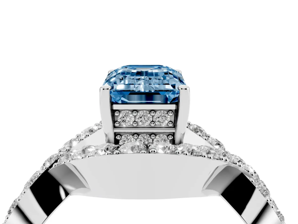 Fancy Blue Emerald Cut Solitaire Twist Band Pavé Diamond Engagement Ring Silver