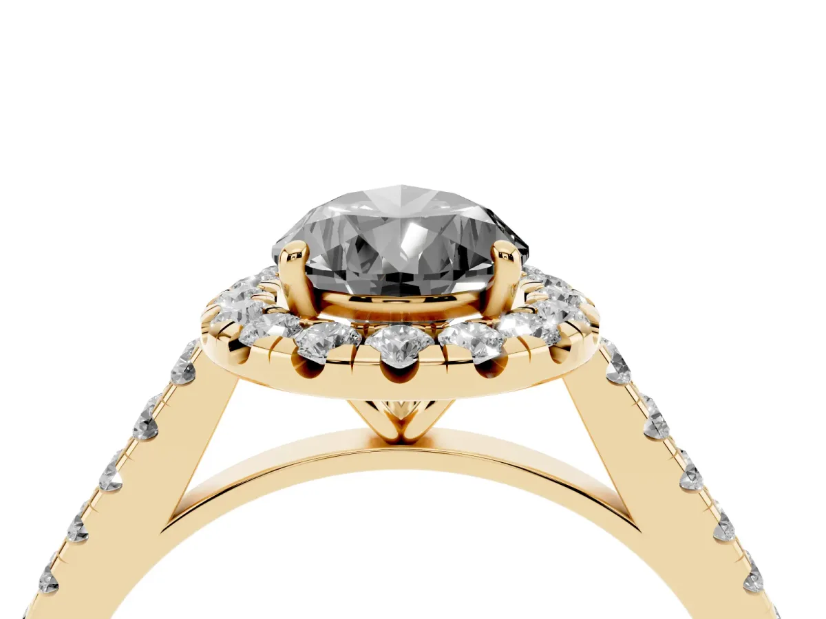 Fancy Black Pear Cut Halo Pave Diamond Engagement Ring with Four-Prong Setting Yellow gold