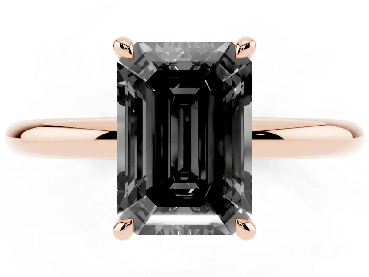 Fancy Black Emerald Cut Diamond Solitaire Ring with Thin Band and Four-Prong Setting Rose gold