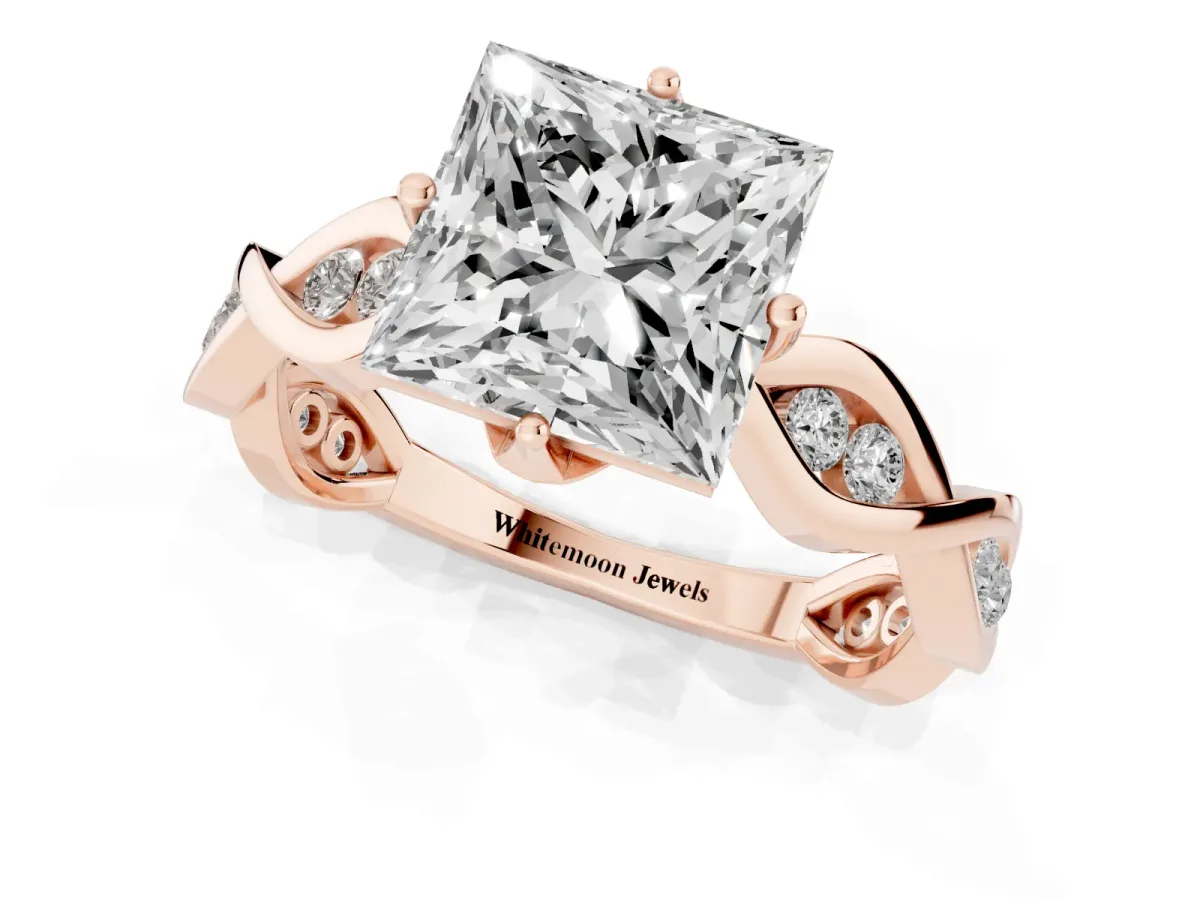 Princess Cut Solitaire Twist Band with Leaf Prong Setting Rose gold