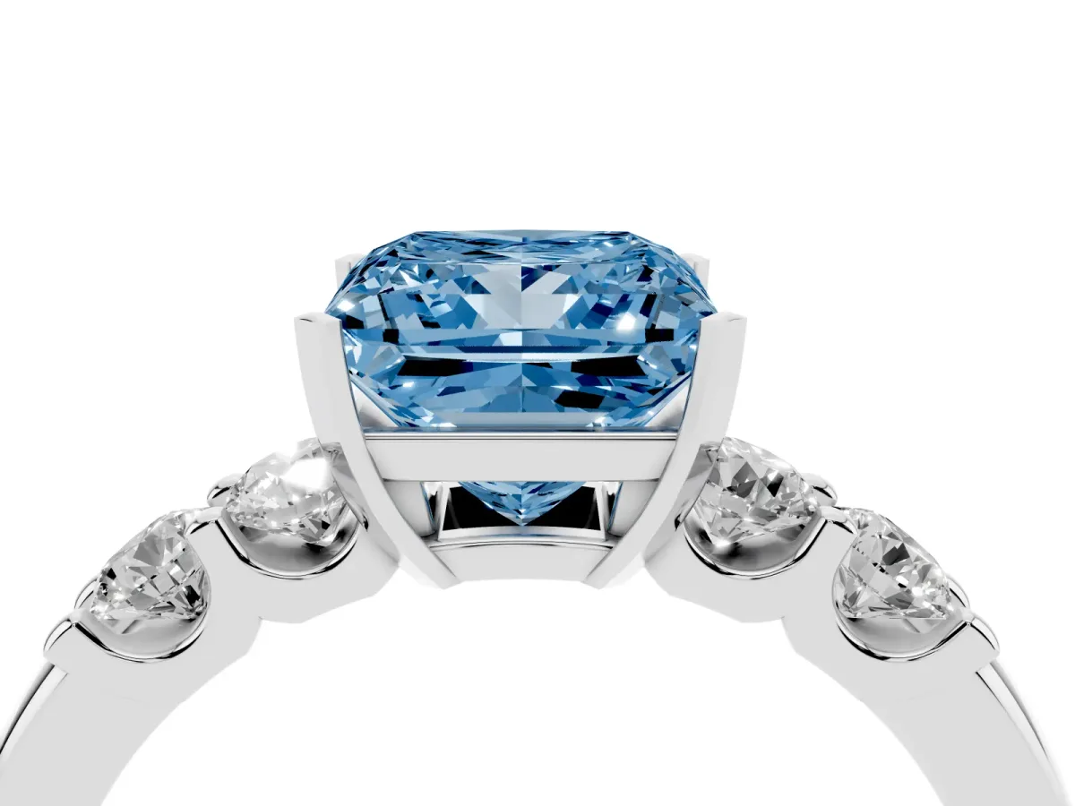 Fancy Blue Princess Cut Brilliant Cut Diamond Five-Stone Prong Set Engagement Ring with Channel Band Silver