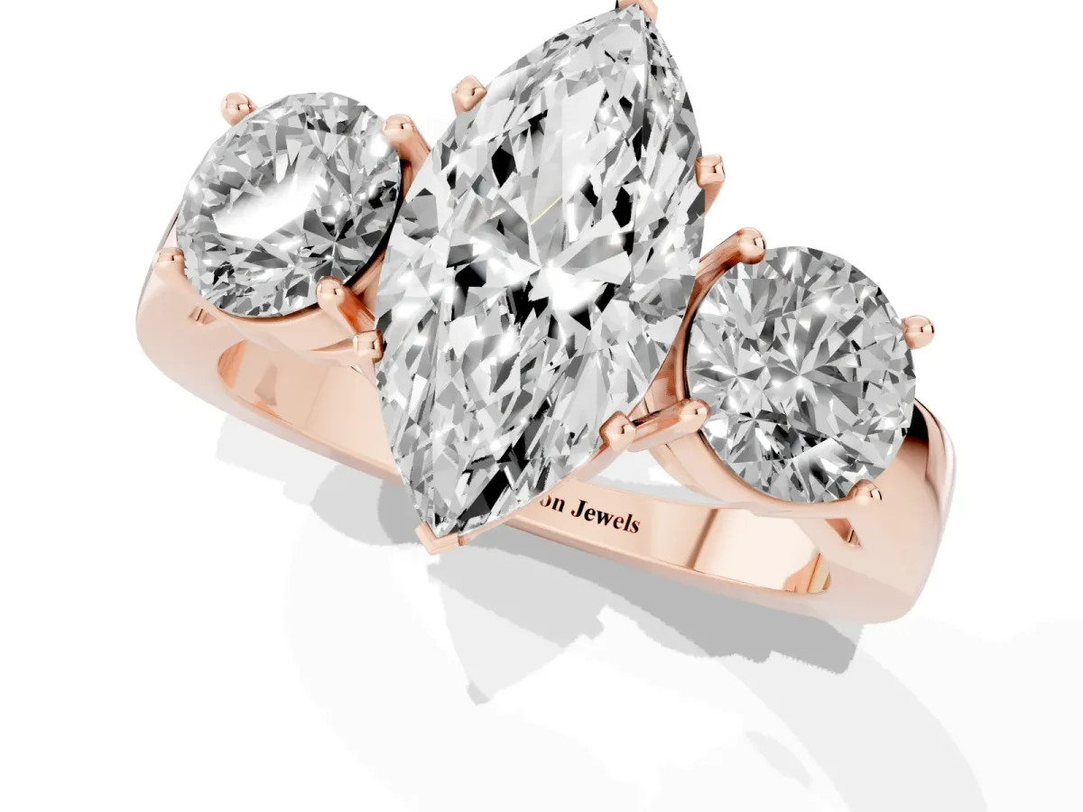 Three-Stone Marquise Cut Diamond Ring with Round Side Stones, Classic Band, and Four-Prong Setting Rose gold