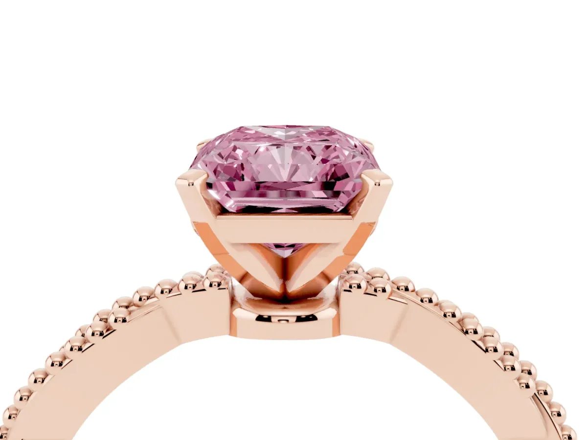 Fancy Pink Radiant Cut Solitaire Twisted Band with Bead Prong Setting Rose gold