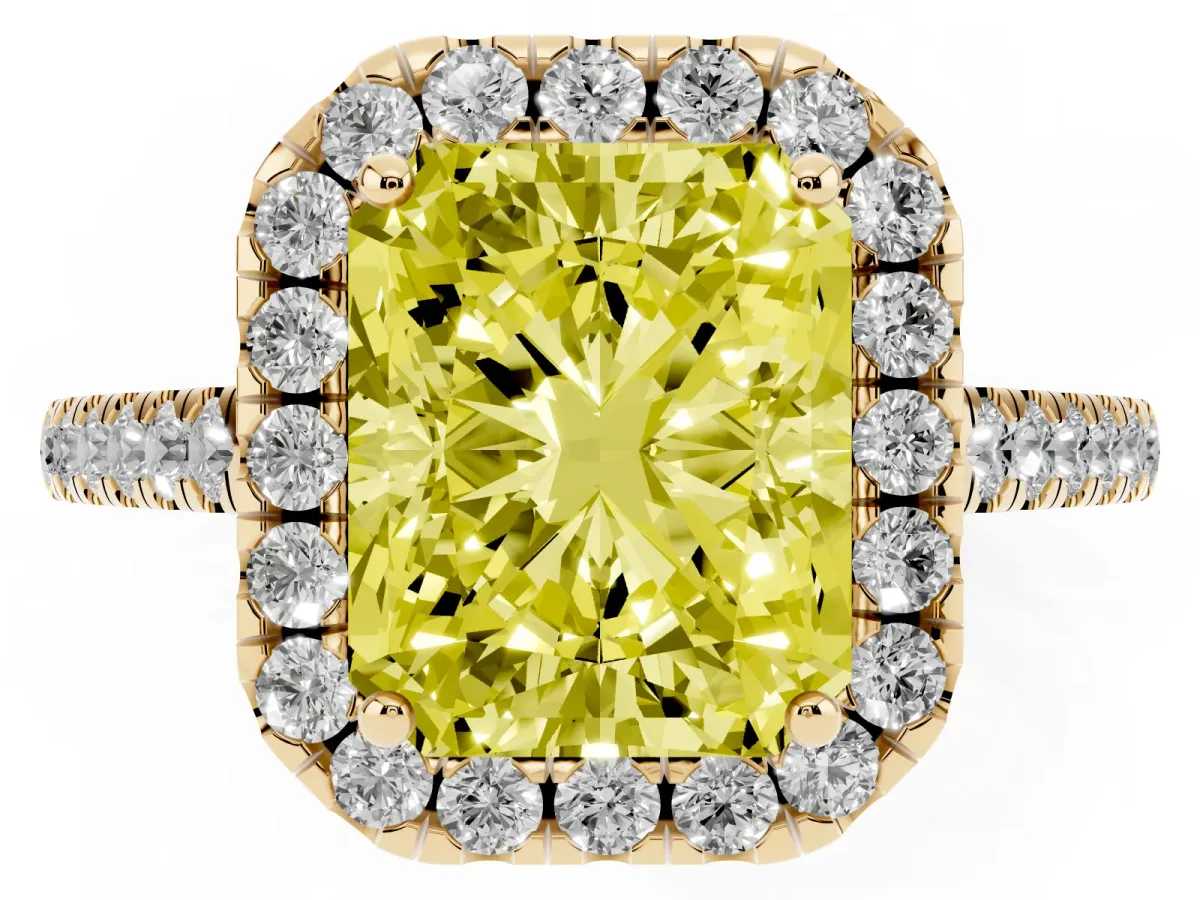 Fancy Yellow Radiant Cut Halo Pavé Diamond Engagement Ring with Four-Prong Setting Yellow gold