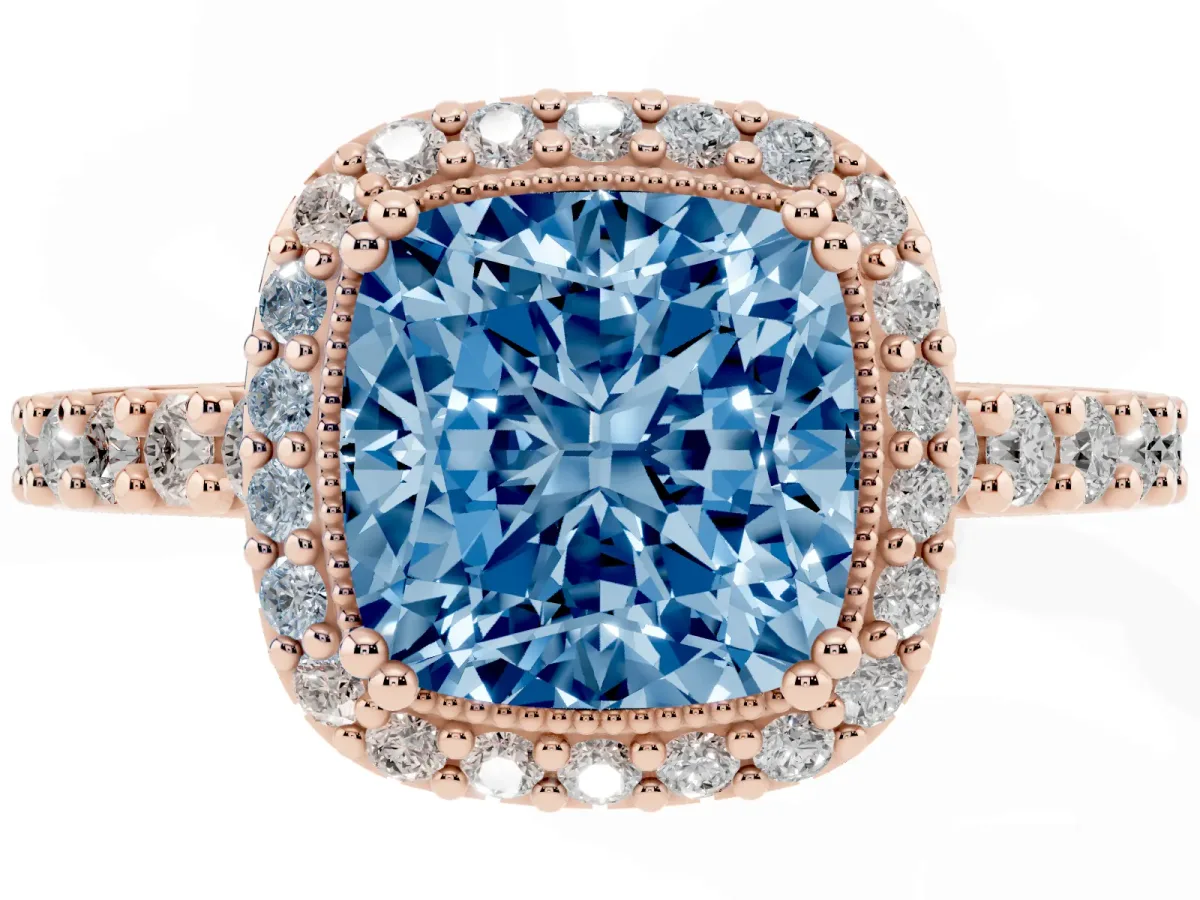 Fancy Blue Cushion Cut Cut Diamond Halo Engagement Ring with Milgrain Detail and Pavé Band Rose gold