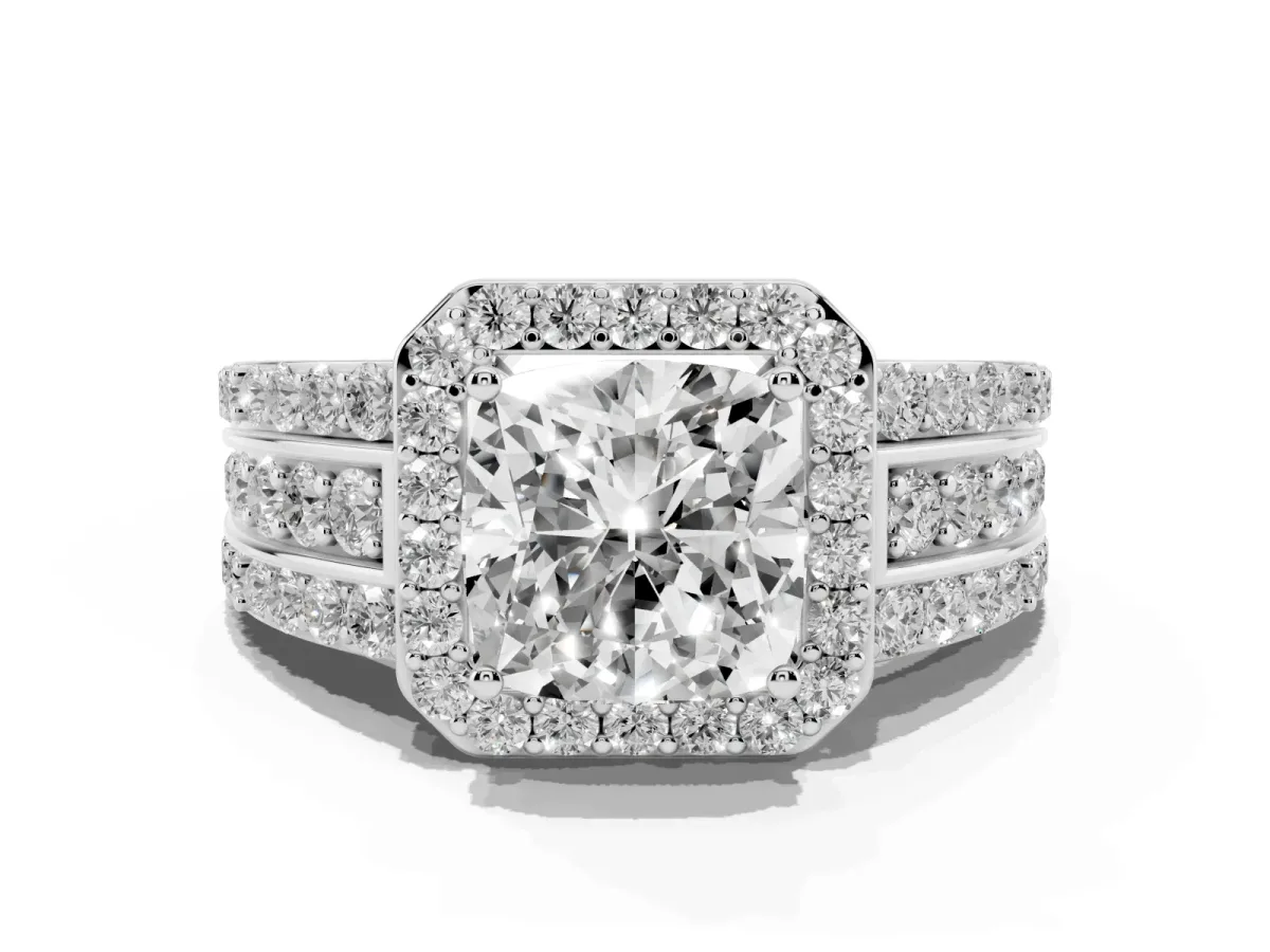 0.5 Carat Cushion Cut Halo Ring with Round Split Shank and Prong Setting White gold