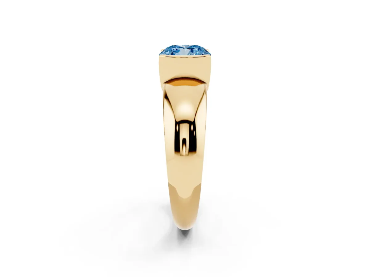 Fancy Blue Cushion Cut Solitaire Tension Set Diamond Ring with Wide Band Yellow gold