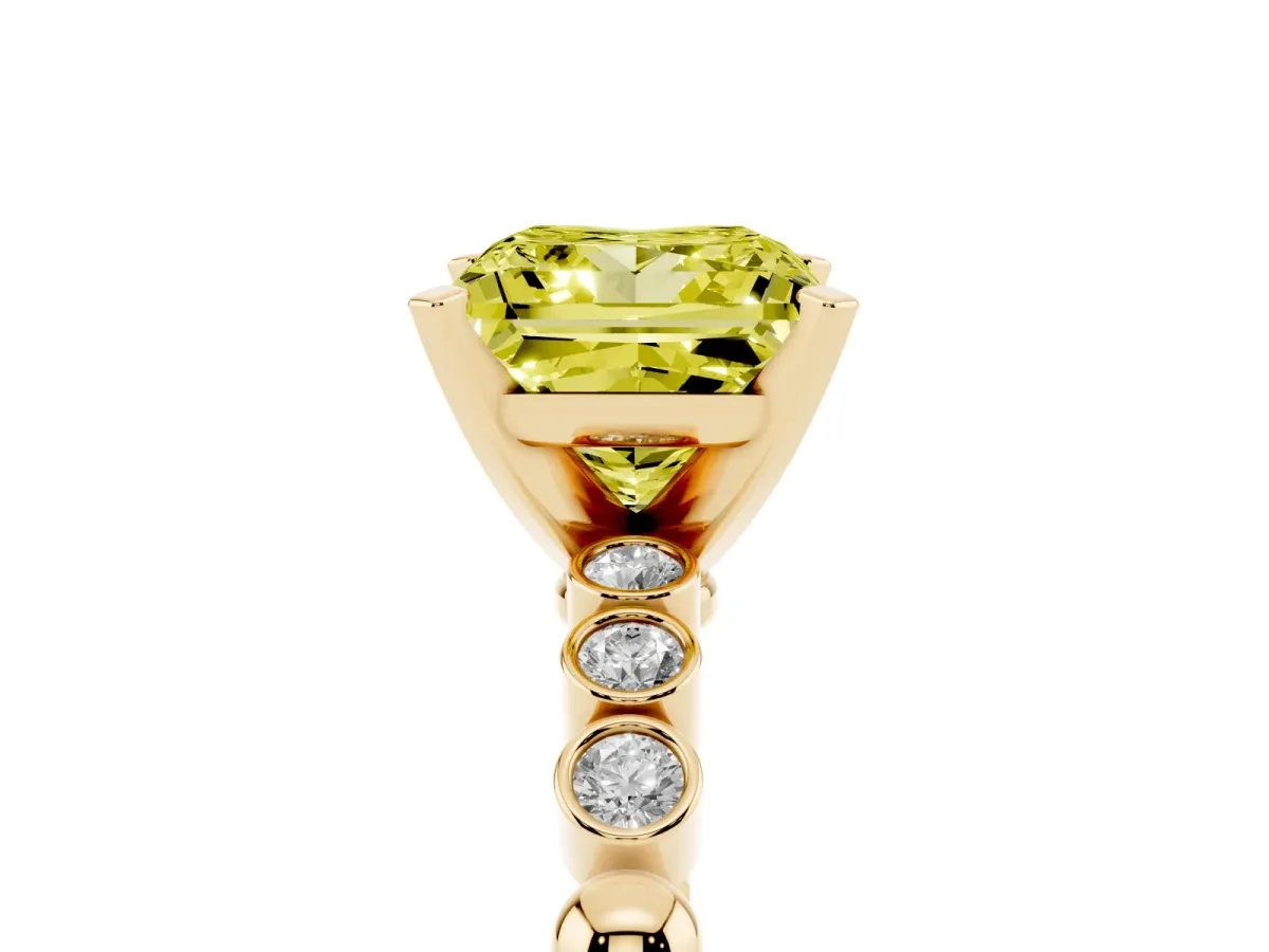 Fancy Yellow Princess Cut Solitaire Bezel Accent Diamond Engagement Ring with Beaded Band and Four-Prong Setting Yellow gold
