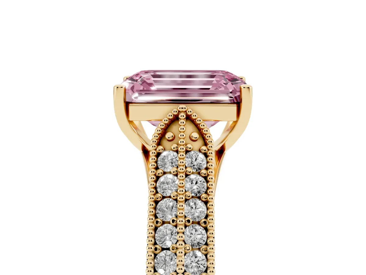 Fancy Pink Emerald Cut Cut Pave Split Shank Engagement Ring with Four-Prong Setting Yellow gold