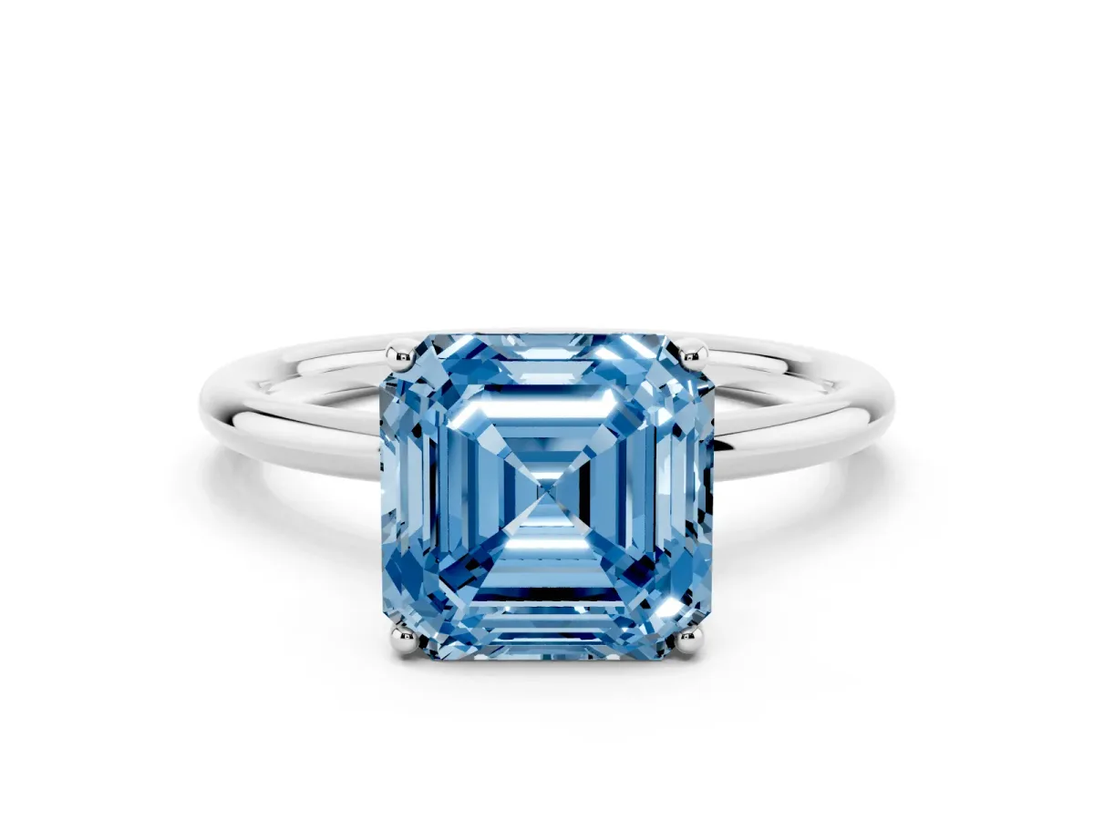 Fancy Blue Asscher Cut Solitaire Diamond Ring with a Classic Band and Four-Prong Setting Silver