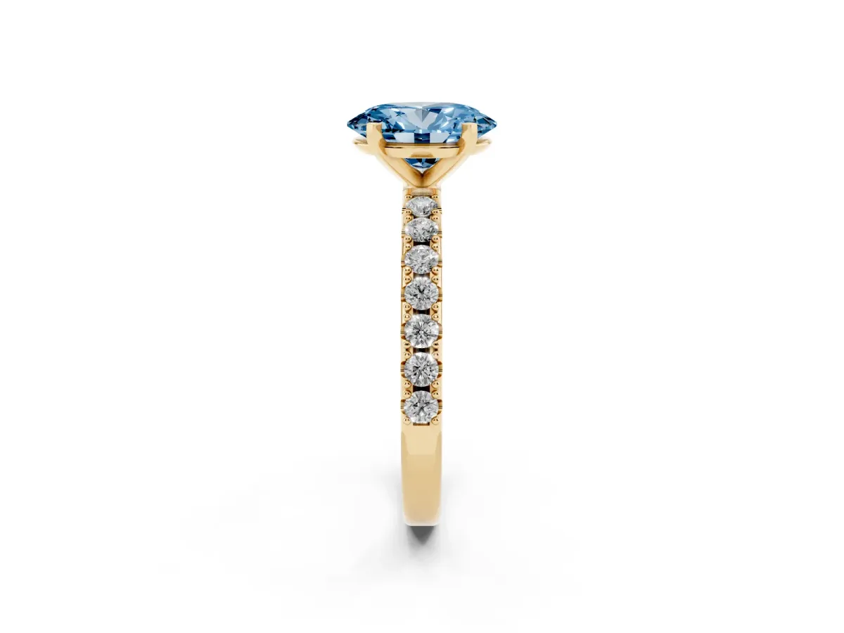 Fancy Blue Oval Cut Diamond Solitaire Pavé Band with Four-Prong Setting Yellow gold