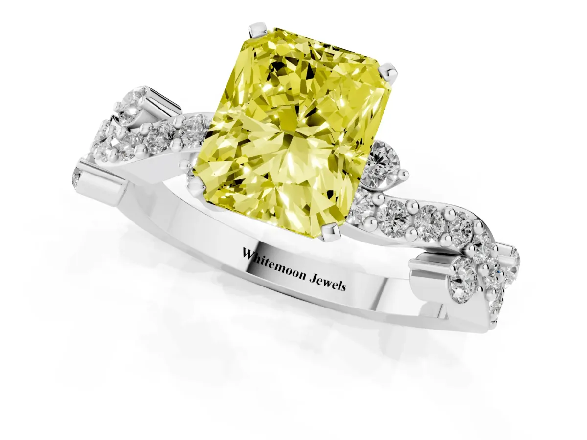 Fancy Yellow Radiant Cut Cut Solitaire Diamond Twisted Band with Pave Setting Silver