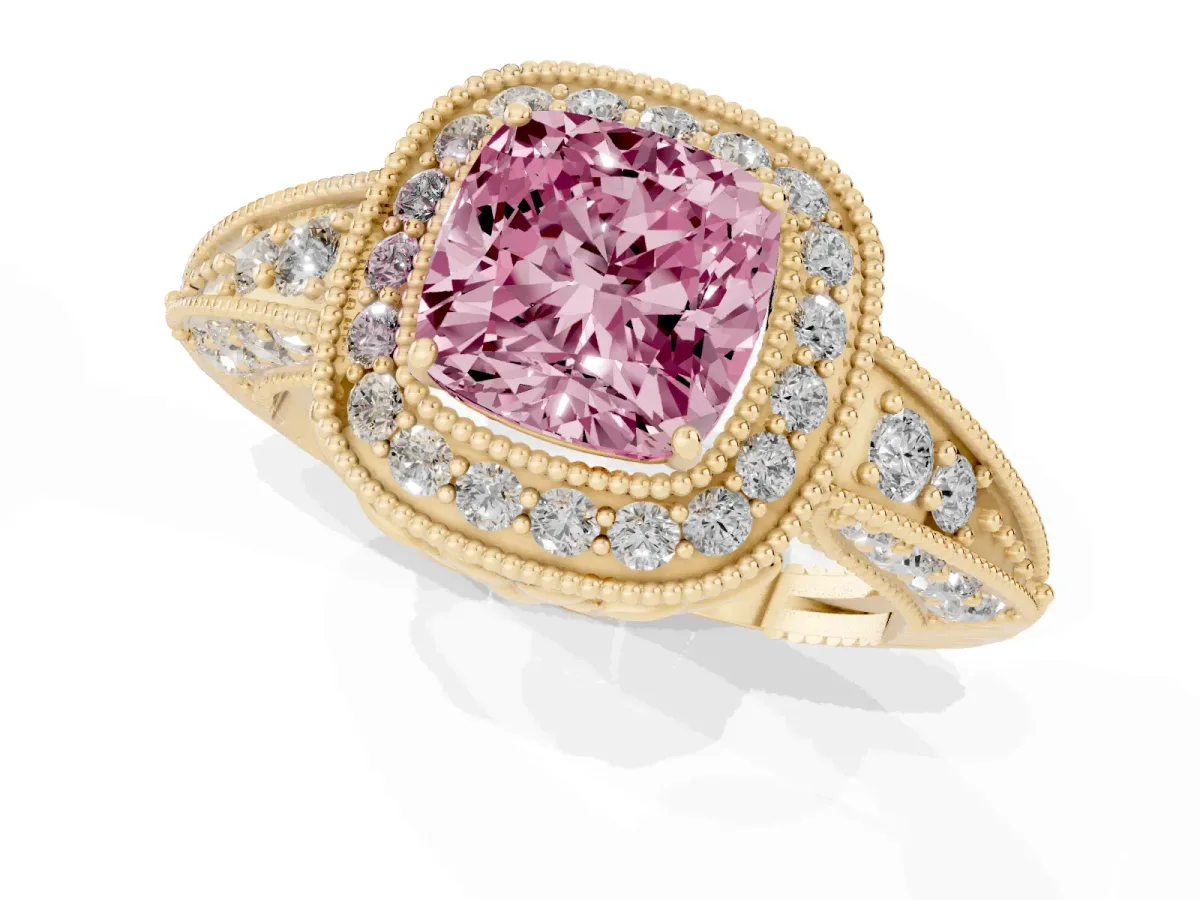 Fancy Pink Cushion Cut Halo Diamond Split Shank Ring with Milgrain Detail Yellow gold