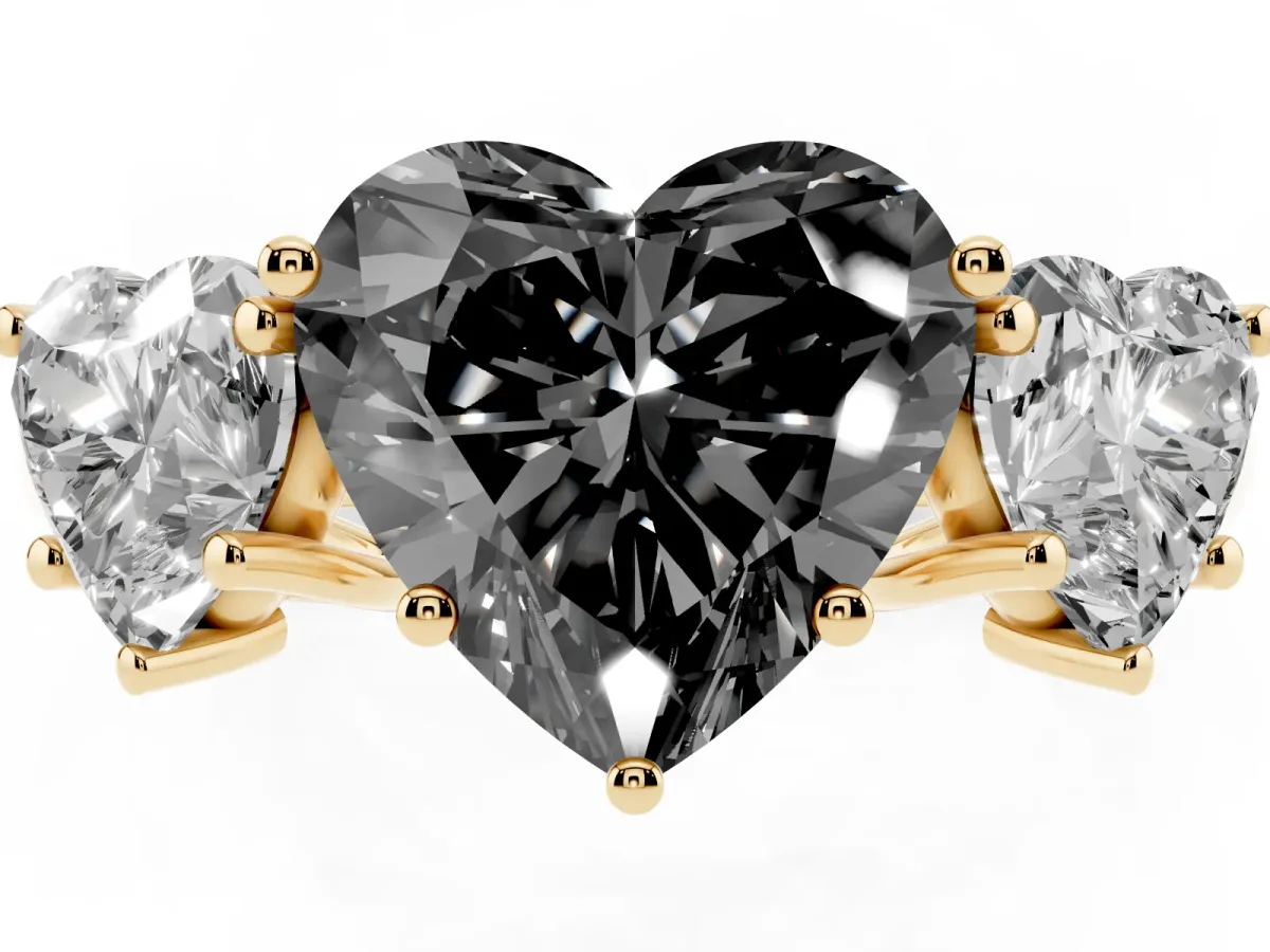 Fancy Black Three-Stone Heart Cut Diamond Engagement Ring with Prong Setting Yellow gold