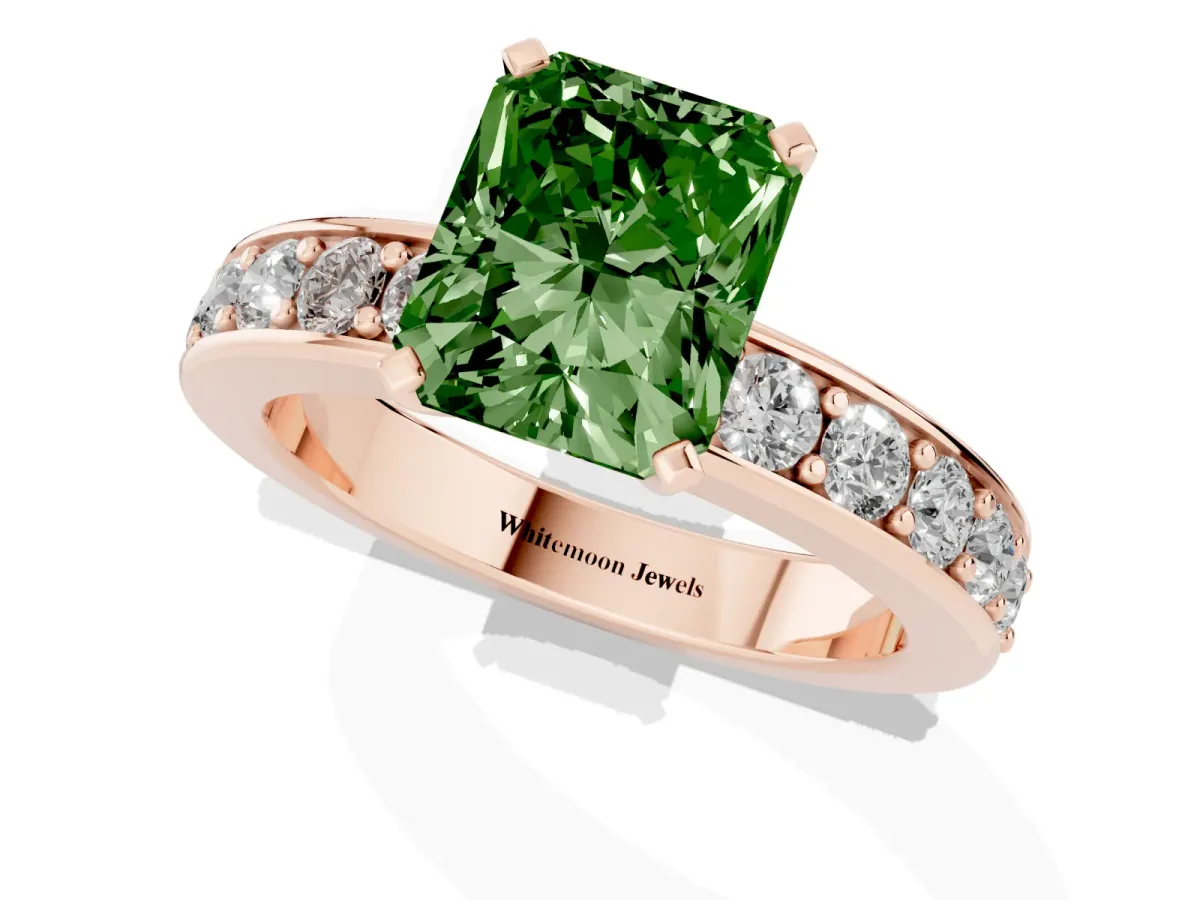 Fancy Green Radiant Cut Diamond Engagement Ring with Channel Set Round Band and Prong Setting Rose gold