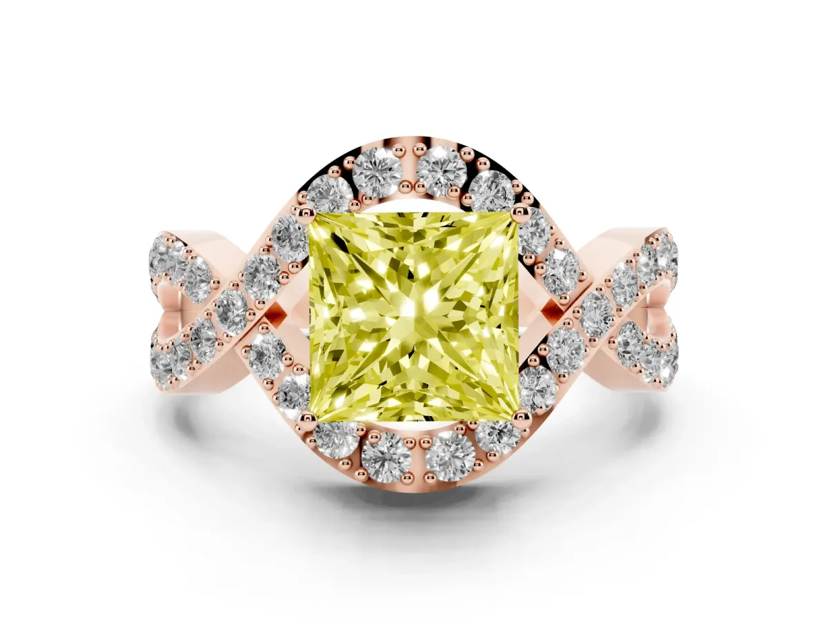 Fancy Yellow Princess Cut Solitaire Twist Band Pavé Diamond Engagement Ring Rose gold
