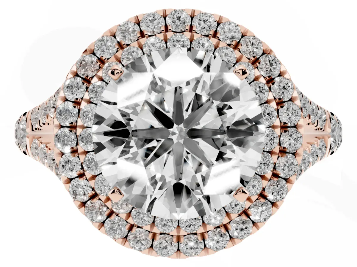 Round Cut Cut Double Halo Split Shank Diamond Ring with Prong Setting Rose gold