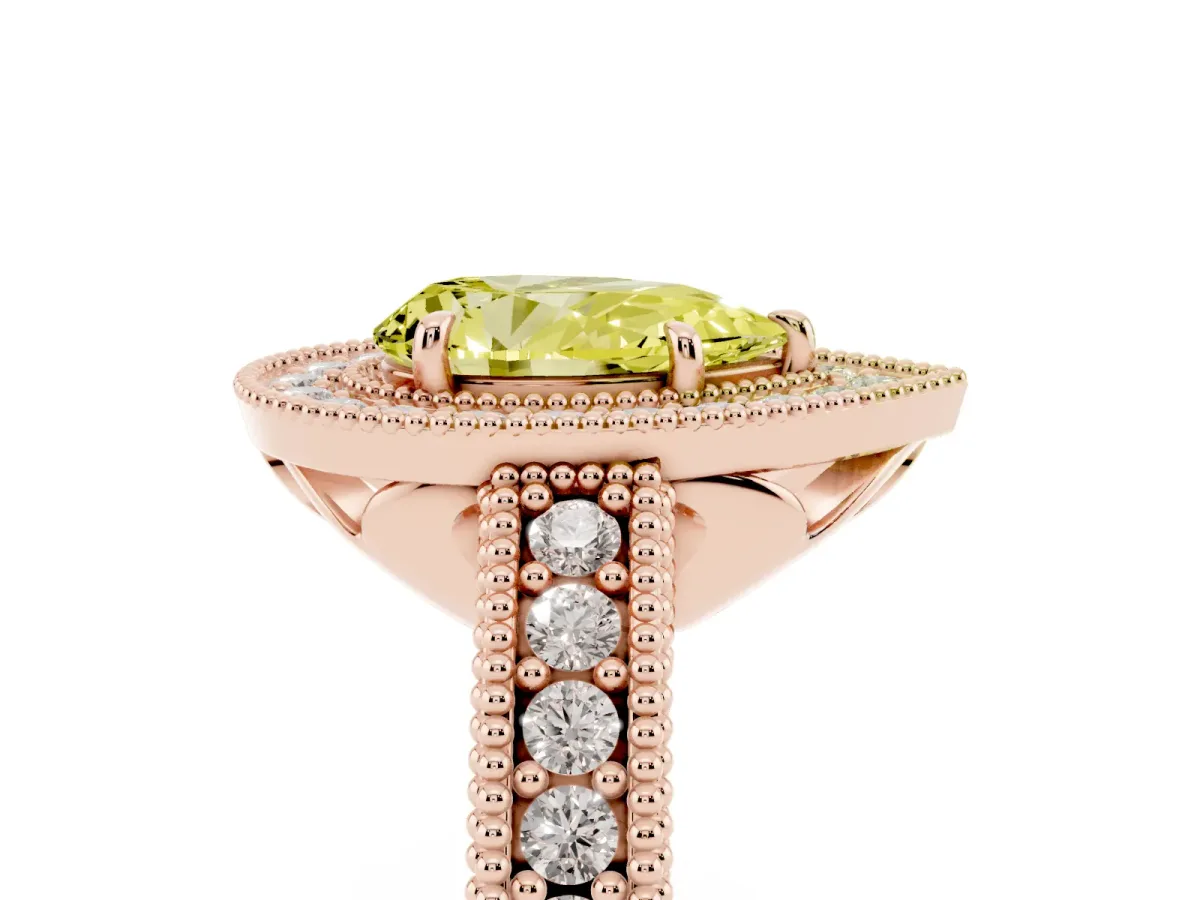 Fancy Yellow Pear Cut Cut Halo Diamond Ring with Pavé Band and Four-Prong Setting Rose gold