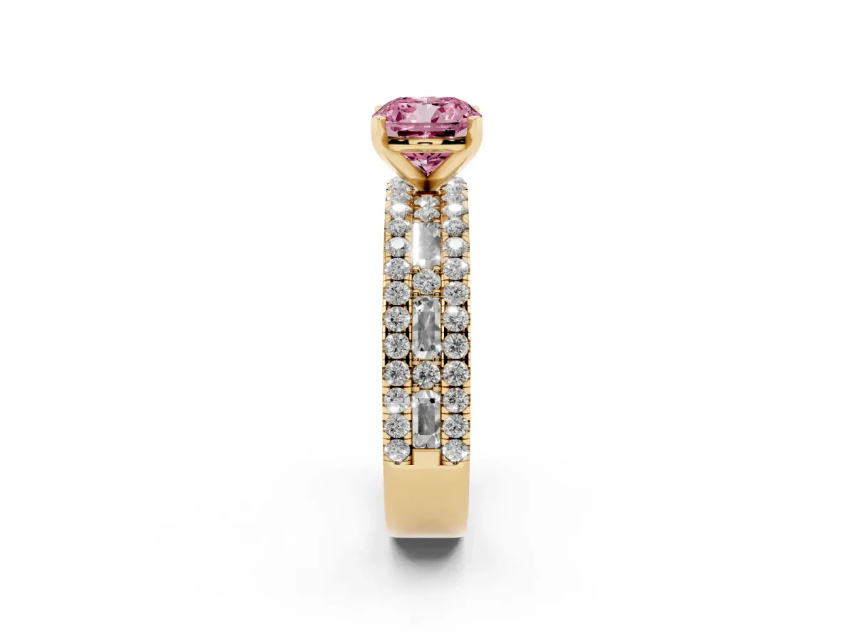 Fancy Pink Cushion Cut Diamond Solitaire Ring with Pavé and Channel Set Band Yellow gold