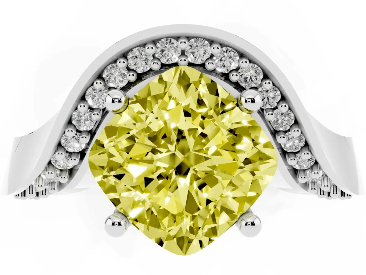 Fancy Yellow Cushion Cut Solitaire Diamond Engagement Ring with Pave Band and Four-Prong Setting Silver