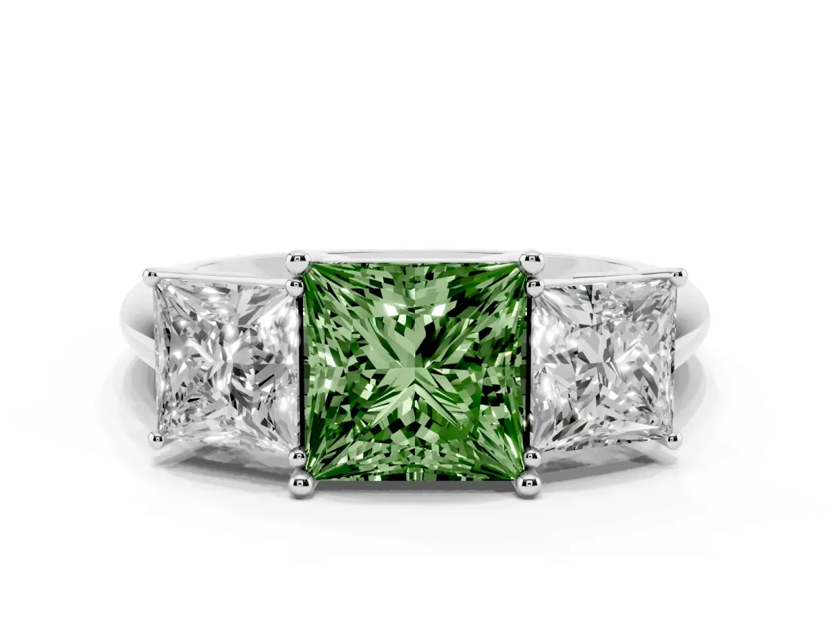 Fancy Green Three-Stone Princess Cut Cut Diamond Engagement Ring with Prong Setting on a White Gold Band White gold