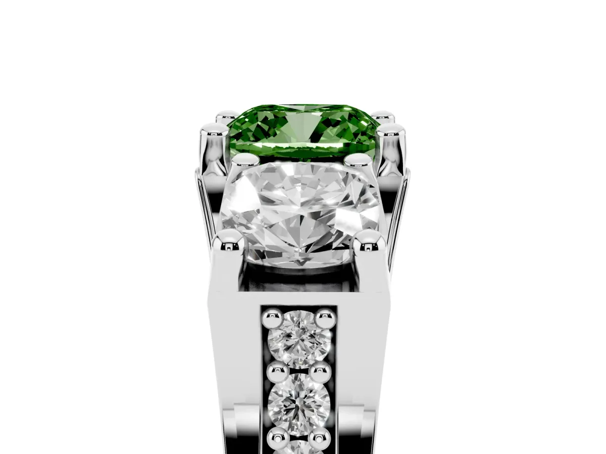 Fancy Green Cushion Cut Diamond Three-Stone Ring with Channel Set Band and Four-Prong Setting Silver