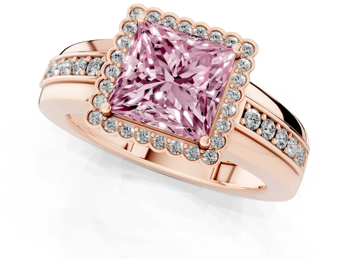 Fancy Pink Princess Cut Cut Halo Pave Band Four-Prong Ring Rose gold