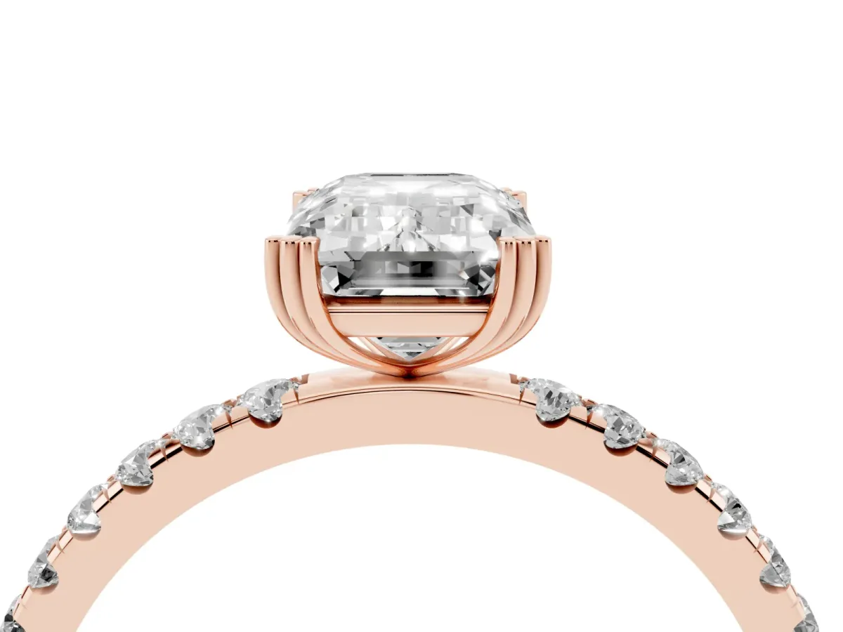Emerald Cut Brilliant Solitaire with Pavé Band and Claw Prong Setting Rose gold